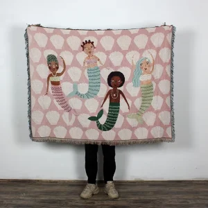 Custom Mermaid Jacquard Woven Tassel Throw Four Seasons Portable Folded 100% Cotton Soft Tapestry Blanket