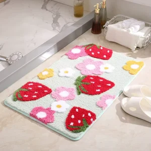 Custom Microfiber Cute Shaggy Non Slip Water Absorbent Bedroom Mat Strawberry Tufted Bath Mat