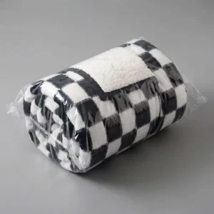 Custom Modern Checkered Flannel Sherpa Velvet Double Layer Throw Blanket Soft Penguin Design Cozy Living Room