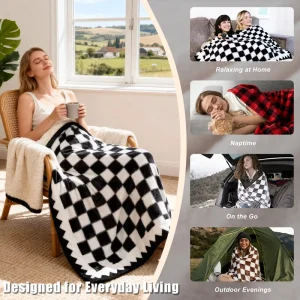 Custom Modern Checkered Flannel Sherpa Velvet Two Layer Throw Blanket Soft Penguin Living Room Home Decor Four Seasons