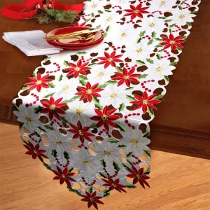 Custom Modern Christmas Decoration Embroidered Floral Design Golden Edge Polyester Table Runner