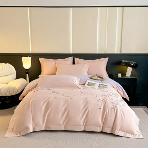 Custom Modern Plant Printed Embroidered 100% Cotton Four Piece Bedding Set Durable Breathable