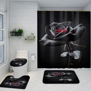 Custom Monochrome Flower Waterproof Shower Curtain 4 Piece Set Polyester Durable Stain Resistant Minimalist Bathroom Decor Rugs