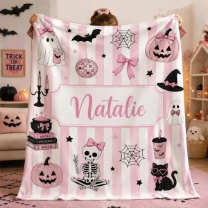 Custom Name Pink Halloween Blanket Kawaii Ghost Soft Fleece Flannel Throw Cozy Holiday Gift for Girls Kids Women