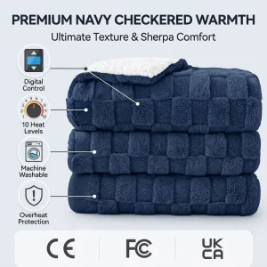 Custom Navy Blue Checkered Coral Fleece Sherpa Electric Throw Blanket 50×60 Inch Digital Control Safe Warm