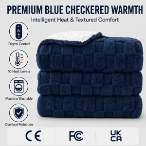 Custom Navy Blue Checkered Coral Fleece Sherpa Electric Throw Blanket 50×60 Inch Digital Control Safe Warm