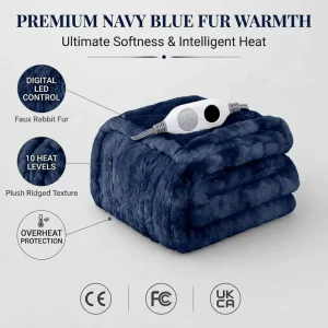 Custom Navy Blue Faux Rabbit Fur Electric Throw Blanket 50×60 Inch Digital Control Auto-Off Warm Plush Bed