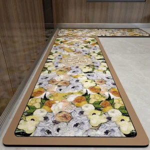 Custom Non Slip Oil Painting Floral Long Runner Rug with Rubber Base for Hallway & Kitchen