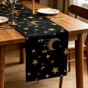 Custom Nordic Light Luxury Velvet Table Runner Retro Star Moon Gold Foil Design for Dining Table Party Banquet Decor
