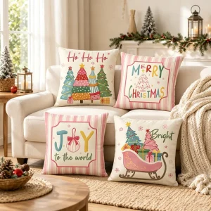 Custom OEM Modern Winter Holiday Throw Pillow Covers Polyester Linen Texture Snowman Snowflake Printed Square Christmas Covers