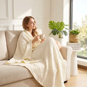 Custom OEM ODM 100% Cotton Waffle Knitted Throw Blanket Solid Color Eco Friendly Summer Waffle Blanket for Cozy Evenings Home