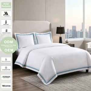 Custom OEM ODM 5 Star Hotel Bedding Set 100% Cotton Embroidery Multi Color Border Solid White 5 Star Luxury Use