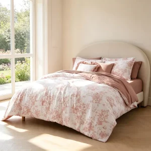 Custom OEM ODM 7 Piece Floral Cotton Comforter Set 300TC Cotton Pink Rose Printed All Season Bed in a Bag Bedroom Bedding