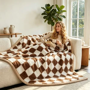 Custom OEM ODM Eco Friendly OEKO TEX Certified Double Layer Flannel Blanket Checkered Print Thick Warm for Hotel Home