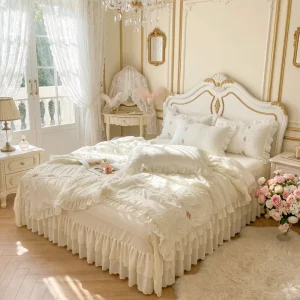 Custom OEM ODM French Style Princess Wind Washed Cotton Four Piece Bed Skirt Set With Embroidery for Summer Home Bedroom