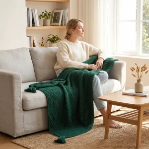 Custom OEM ODM Minimalist Solid Color Chunky Knit Blanket Soft Acrylic Tassel Fringe Knitted Throw for Sofa Couch Bedroom Bed