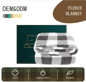 Custom OEM ODM Plaid Fleece Knitted Throw Blanket Four Seasons 100% Polyester Soft Black White Checkered Decor