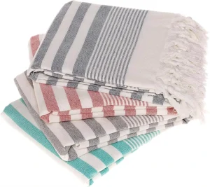 Custom Organic Cotton Turkish Towels Oversized Beach Towels White 100% Turkish Cotton Striped with Tassels Large Beach Towel