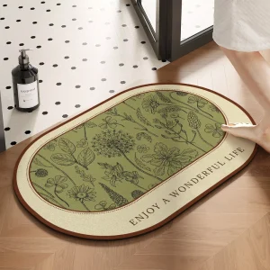 Custom Oval Floral Absorbent Diatom Mud Bathroom Mat Non slip Quick Dry Floor Bath Rug Mat for Toilet Shower Room