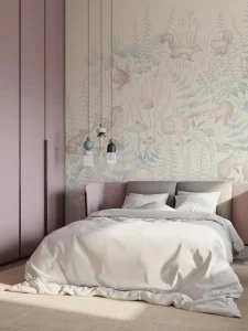 Custom Pastel Beige Forest Animal Line Art Wall Mural Kids Room Botanical Wall Decor for Nursery Bedroom Easy Install Removable
