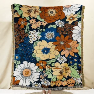 Custom Popular Fashion Jacquard Woven Colorful Flowers Picnic Gift 130*160cm Decorative Bed Blanket