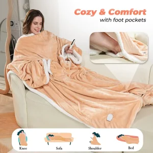 Custom Portable Wearable Winter Heated Blanket Electric Heating Blanket With Foot Pockets for Giftable