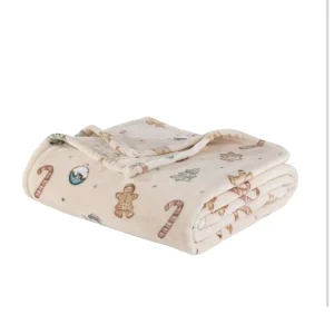 Custom Print Cream Flannel Throw Blanket Gingerbread Man Candy Cane Xmas Home Decor Holiday Present Blanket for Sofa
