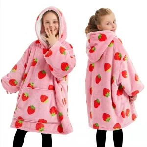 Custom Print Kids Hooded Wearable Blanket Children Lounge Robe Oversized Flannel Sherpa Fleece Hoodie Blanket With Pocket
