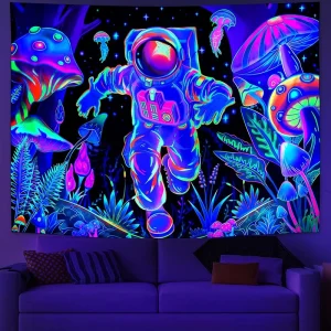 Custom Print Trippy Astronaut Mushroom Forest Planet Blacklight Reactive UV Tapestry Art Deco Design with Glow in Dark Feature