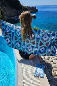 Custom Printed Recycled Polyester Eco Friendly Antimicrobial Double Sided Backpack Beach Towel Convertible Storage Bag