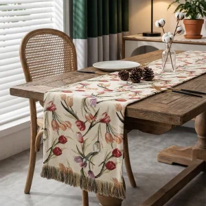 Custom Rustic Style Fresh Floral Cotton Linen Long Table Cloth Table Runner with Tassels for Coffee