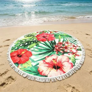 Custom Sand Free Eco Friendly Luxury Turkish Microfiber Beach Towel Custom Logo Printed Design Round Shape Tassels Beach Towel