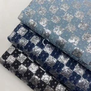 Custom Sequin Plaid Denim Fabric Washed Embroidery Jeans Cloth for Designer Bags Hats and Creative Fashion Projects