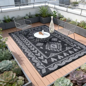 Custom Size 5×8 ft Geometric Outdoor Carpet Eco Friendly PP Straw Woven Anti Mildew Mat for Patio RV Camping