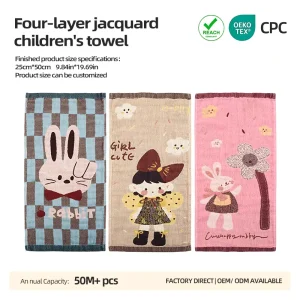 Custom Square 4 Layer Washed Cotton Eco Friendly Baby Towel Jacquard Animal Print Soft Fluffy Toddler Face Hand Wash Quick Dry