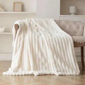 Custom Striped Style Fluffy Minky Other Warm Soft Double Layer Bed Luxury Plush Rabbit Faux Fur Blankets Throws