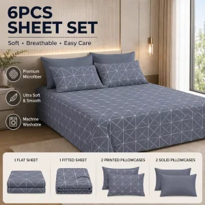 Custom Striped and Checkered 6 Piece Bed Sheet Set 100% Polyester Bedroom Flat Sheet with Pillowcases