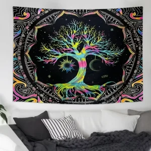 Custom Tapestry Psychedelic Tree of Life UV Black Light Fluorescent Mandala Wall Hanging Home Decor OEM Manufacturer