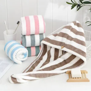 Custom Thick Coral Velvet Woven Hair Drying Cap Super Absorbent Comfortable Striped Pattern Durable Hair Towel