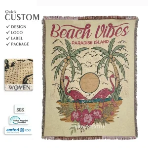 Custom Tropical Flamingo Palm Tree Woven Tapestry Sofa Throw Blanket Coastal Beach Home Decor