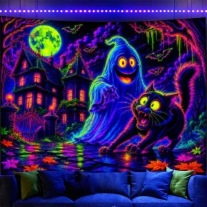 Custom UV Reactive Halloween Spooky Wall Tapestry Blacklight Glow in the Dark Castle Moon Skull Tapestries for DJ Festival Decor