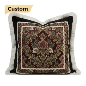 Custom Vintage Scenic Jacquard Embroidered Throw Pillow Polyester Cushion with Fringed Ruffle Edge Luxury Decorative Sofa Pillow