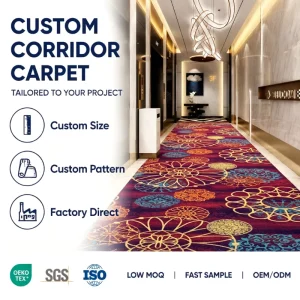 Custom Wall to Wall Broadloom Carpet Stain Resistant Fire Rated Full Room Wall to Wall Fitted Carpet for Hotel Corridor