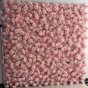 Custom Wedding Christmas Luxury Eco friendly Pink Large Silk Rose Head Flower Walls Backdrop Panel 3D Roll Fabric Cloth