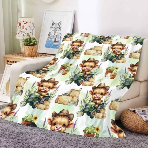 Custom Western Cow Tractor Green Plaid Flannel Blanket Room Decor Bed Sofa Wearable Nap Throw Soft Cozy Fleece Blankets
