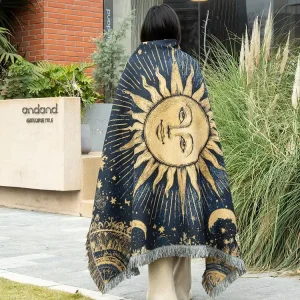Custom Woven 100% Polyester Sun Moon Pattern 130x160cm Eco Friendly Multi Use Home Decor Blanket Tassel Edge Four Seasons