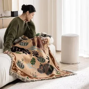 Custom Woven Eco Friendly 30% Cotton 70% Polyester Four Seasons Home Use Hippopotamus Elephant Design Tapestry Blanket Tassel