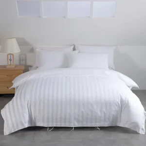 Custom Woven Modern Hotel White Bedding Set 4-Piece 300TC Luxury Striped Queen & King 100% Cotton Hotel Use