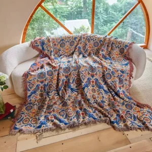 Custom Woven Vintage Tassel Throw Blanket 100% Cotton Tropical Garden Plants Jacquard Tapestry Four Seasons Use