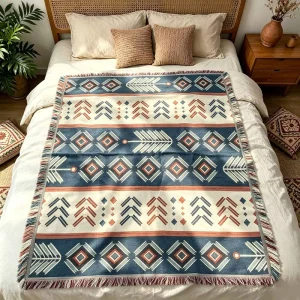 Custom Yarn Dyed Jacquard Woven Bed Runner with Fringes Bohemian Geometric Bed Throws Blanket for Hotel and Home